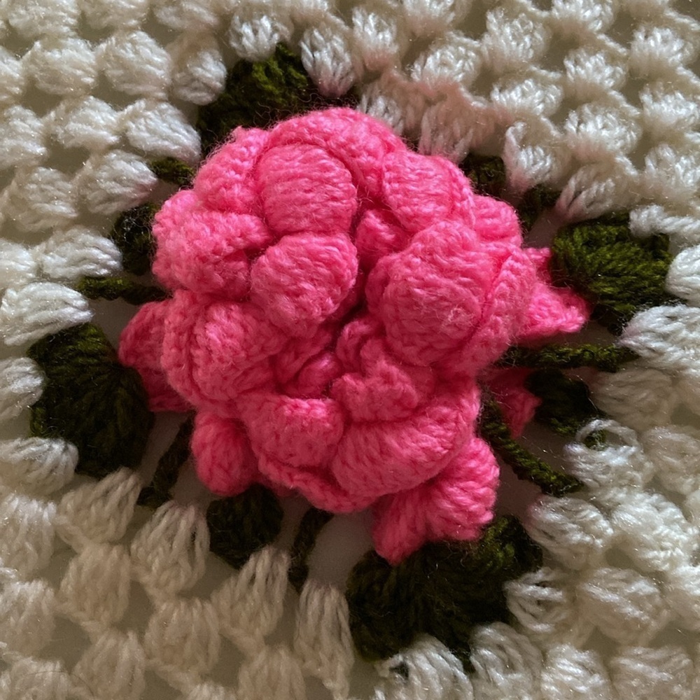 Handmade Crocheted Beige With Pink Flowers Afghan  Cottagecore Shabby Chic - Picture 3 of 6